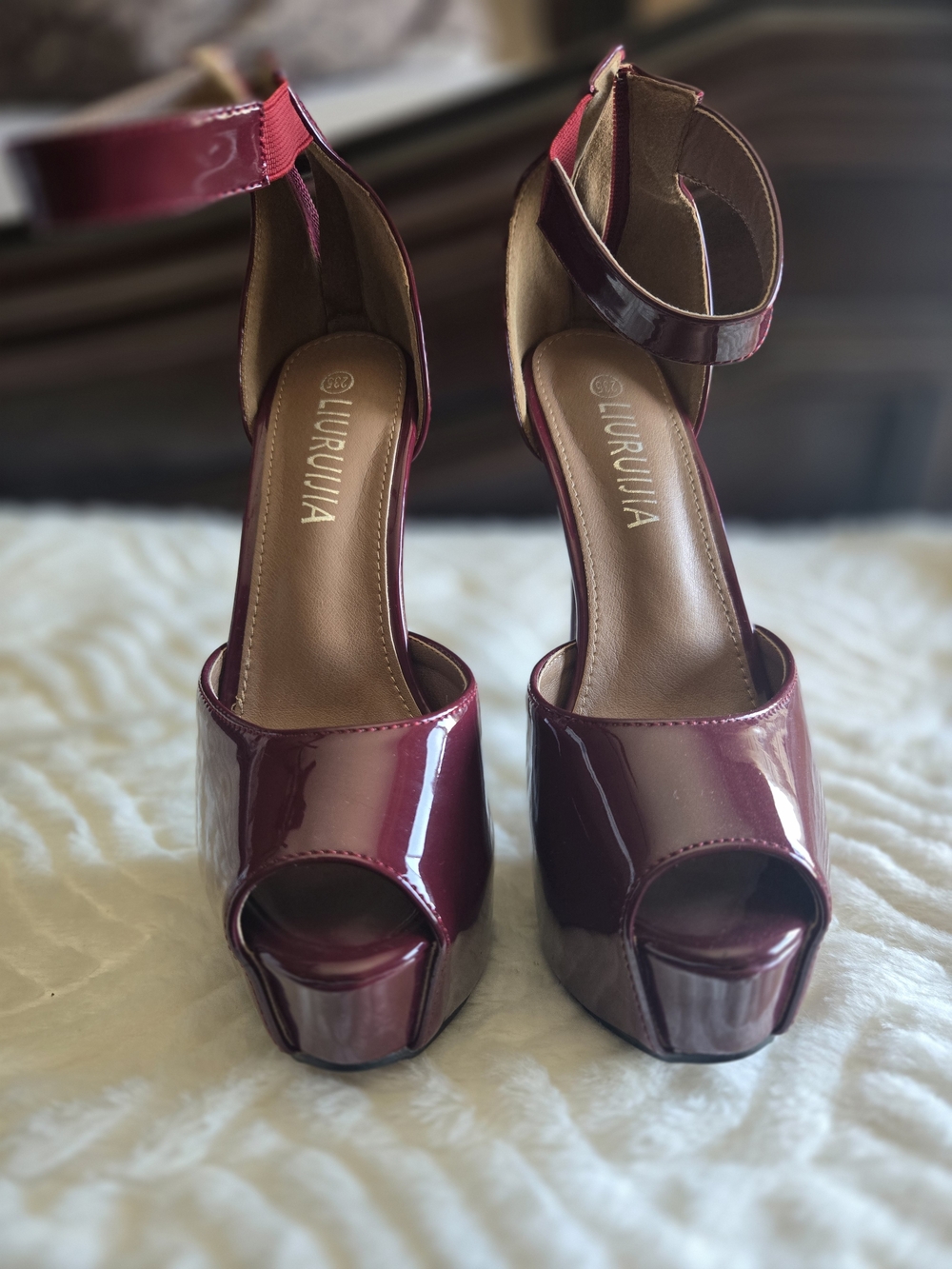 Women’s Burgundy Patent Platform Heels - Open Toe Ankle Strap